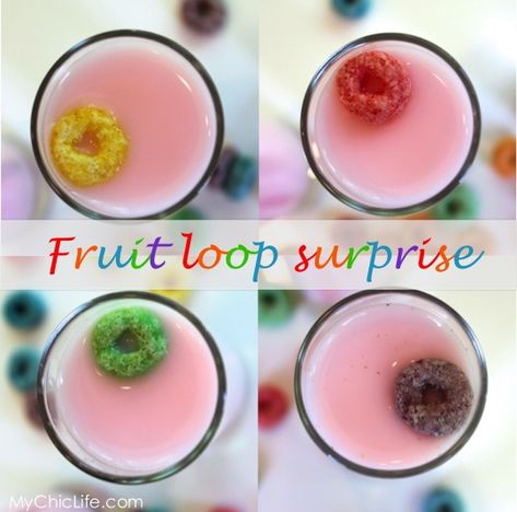 Cereal Milk Shot Recipe Cereal Flavored Shots, Fruit Loop Shot Recipe, Cereal Shots, Cereal Drink, Fruit Loops Cereal, White Chocolate Liqueur, Kids Cereal, Strawberry Vodka, Shots Alcohol