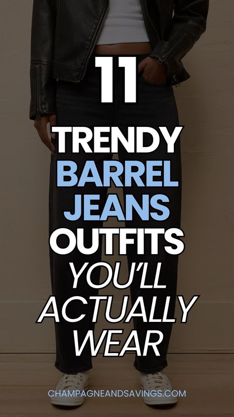 Wondering how to style barrel jeans outfits? These women's jeans are the latest fashion trend and easier than you think to wear for occasions from date night to a casual outfit! Check out my women's fashion tips on how to style these horseshoe jeans. Jeans With Shoes Outfit, High Rise Barrel Jeans Outfit, Barrel Leg Jeans Outfit Casual, Modern Jeans For Women, 2025 Jeans Outfit, Barrel Jeans Outfit Winter 2024, Hip Outfits For Women Over 40, Carrot Leg Jeans Outfit, Jeans Dressed Up