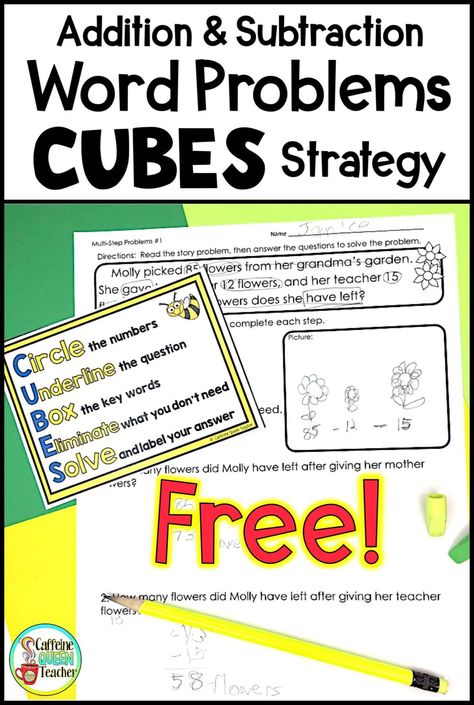 The CUBES math word problem solving strategy is featured on these addition and subtraction worksheets. Students interactive multiple times with the story problem and will break the problem down into smaller steps. Great for 1st grade, 2nd grade, and 3rd grade students! Third Grade Word Problems, Word Problems Kindergarten, Word Problem Strategies, Math Problem Solving Strategies, Cubes Math, Math Story Problems, Addition And Subtraction Word Problems, Problem Solving Worksheet, Multi Step Word Problems