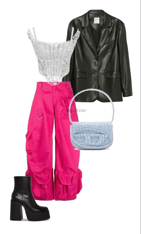 Outfit inspiration with hot pink cargo pants with lots of pockets, white corset with white lace all over creating pretty patterns , a black leather blazer jacket, black platform boots, and a small baby blue handbag Hot Pink Corset Outfit, Hot Pink Outfit Ideas, Pink Corset Outfit, Hot Pink Corset, Outfit Ideas Party, Pink Outfit Ideas, Hot Pink Outfit, Dinner Fits, Cargo Outfit