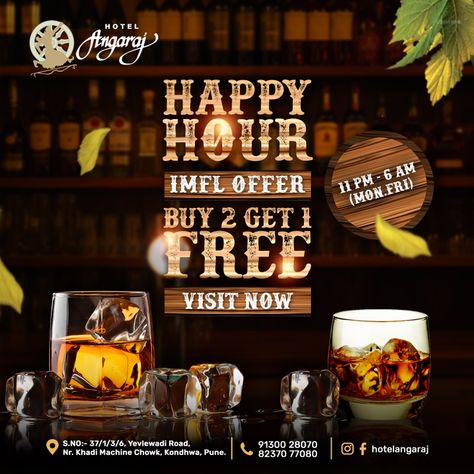 Happy Hour IMFL Offer
| Social Media Liquor / Bar 🥃 Post Liquor Social Media Design, Bar Banner, Coffee Poster Design, Cover Photo Design, Bar Post, Liquor Bar, Wedding Entrance Decor, Beer Ad, Liquor Drinks