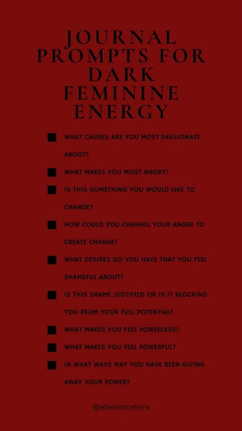 Journal Feminine Energy, Journal Prompts For Dark Feminine, Dark Feminine Self Care, Dark Feminine Journal Ideas, Journal Prompts To Connect With Yourself, Dark Feminine Questions, Dark Feminine Checklist, Becoming Dark Feminine, How To Dark Feminine Energy