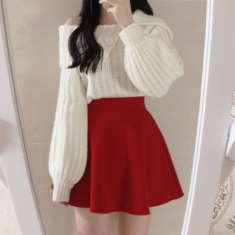 Red Outfit Korean, Moda Ulzzang, Red And White Outfits, Outfit Korean Style, Korean Fashion Dress, Red Skirt, Korean Girl Fashion, Stylish Dresses For Girls, Causual Outfits