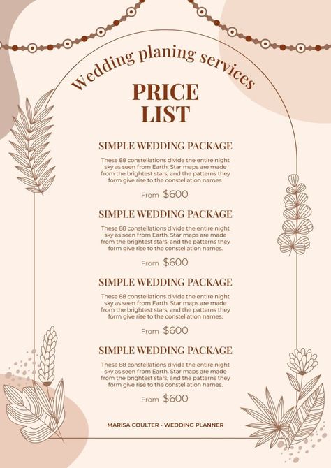 Abstract Hand-drawn Boho Wedding Planners Price List Wedding Planner Packages Prices, Event Planner Price List, Bridal List, Event Planers, Wedding Reception Program, Wedding Packages Prices, Price List Design, Price List Template, Wedding Marketing