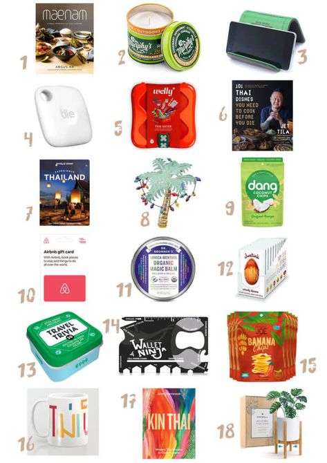 Thailand travel gift ideas Multi Tool Card, Travel Blender, Mosquito Repellent Candle, Polaroid Instant Camera, Thai Beach, Mini First Aid Kit, Thailand Map, Family World, Travel Tech