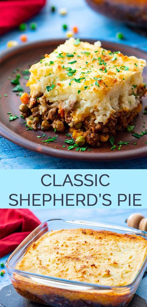 The Best Classic Shepherd's Pie - AKA Shepards Pie or Cottage Pie. Ground Beef (or lamb) with vegetables in a rich gravy, topped with cheesy mashed potatoes and baked. Recept Pasta Oven, Collage Food, Shepards Pie Recipe, Shepards Pie, Cheesy Mashed Potatoes, Shepherds Pie Recipe, Cottage Pie, Shepherd's Pie, Ground Beef Recipes For Dinner