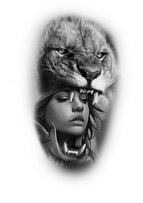 Lion Woman Tattoo Design, Lion Headdress Tattoo Design, Skull And Lion Tattoo, Half Lion Half Woman Tattoo, Lion Woman Tattoo, Lion Headdress Tattoo, Human Face Tattoo, Tattoo Lion Women, Lion Woman