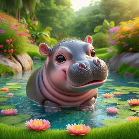 Hippo Tattoo, Cute Hippo, Underwater Animals, Creative Drawing Prompts, Animated Animals, Drawing Prompt, Blossoms Art, Welcome To The Jungle, Hippopotamus