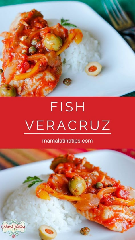 A college showing two photos with fish Veracruz with olives, capers and peppers next to white rice. Snapper Veracruz Recipe, Tilapia Veracruz Recipe, Mexican Fish Recipes, Mexican Fish, Steamed Fish Recipes, Best Fish Recipes, Cod Fish Recipes, Lenten Recipes, Fish Dinner Recipes