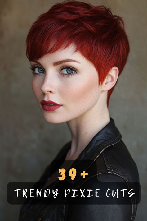 Discover 39 trendy pixie haircuts perfect for a fresh new look. ✂️✨ These stylish cuts offer chic simplicity, easy maintenance, and a bold statement that enhances your facial features. Ready to transform your style? Click to explore all the trendy ideas! #PixieHaircuts #TrendyStyles #ChicSimplicity #BoldStatements #HairTransformation Short Pixie Haircuts For Straight Hair, Curly Red Pixie Haircut, Super Short Red Hair, Red Short Hair Pixie, Short Hair Dye Ideas Pixie Cuts, Dark Red Pixie Haircut, Pixie Haircolor Ideas, Short Funky Pixie Haircut, Pixie Cut Dyed Hair