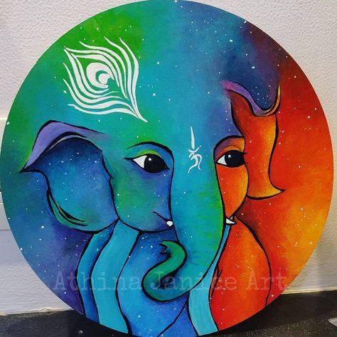 Rangoli Designs Abstract, Creative Acrylic Painting Ideas, Easy Round Rangoli Design, Rangoli Krishna Designs, Rangoli Of God, Ganapati Painting Easy, Rangoli Ganesh Design, Elephant Rangoli Design, Ganesh Canvas Painting Easy