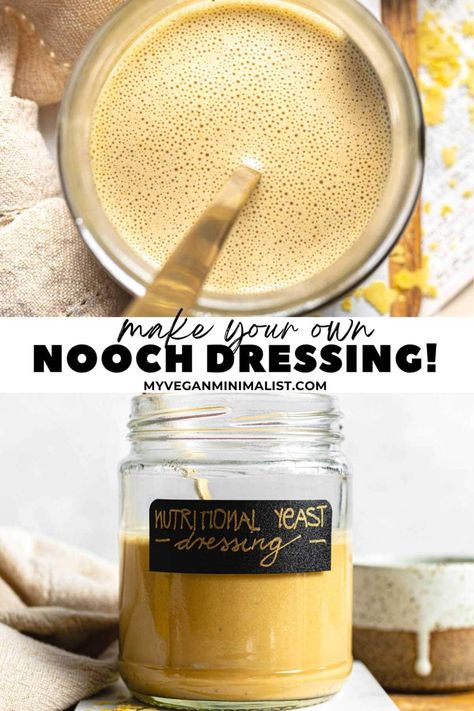 This creamy nutritional yeast dressing is a powerhouse of essential vitamins and irresistible umami flavor. It's made in minutes and tastes SO GOOD. Elevate your salads and grain bowls with it, or simply use it as a dip. Made in minutes, this nooch dressing is an unexpected explosion of flavors - garlicky, salty, tangy. If you're bored of your Caesar dressing and want to switch things up, give this homemade dressing a go! Addictingly cheesy, no tools required, rich in nutrients and versatile! Nutritional Yeast Dressing Recipes, Salad Dressing With Nutritional Yeast, Nutritional Yeast Salad Dressing, Nutritional Yeast Sauce, Salad Dressing Nutritional Yeast, Keto Marinades, Nutritional Yeast Dressing, Nutritional Yeast Popcorn, Vegan Halloumi