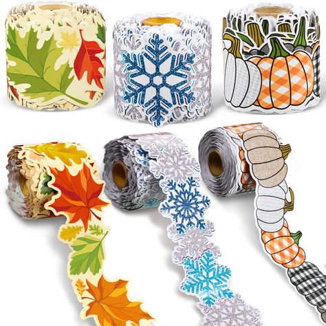 PRICES MAY VARY. Rolls Bulletin Board Border Set: you will get 1 roll of winter snowflake rolled border trim, 1 roll of maple leaf rolled border trim, 1 roll of farmhouse pumpkin rolled border trim, each measures 68.9 feet long and 2.99 inches high, using cute border trim to liven up your classroom is an ideal choice; These cute bulletin board border are suitable for decorating wall, classroom boards, doors, desks and more Attractive Design: our bulletin board decorations come in 3 styles, consi Thanksgiving Office Decorations Ideas, Fall Bulletin Board Borders, Thanksgiving Bulletin Boards For Library, Fall/winter Bulletin Boards, Fall Into Learning Bulletin Board, Thankagiving Classroom Door, Chalkboard Wall Decor, Office Bulletin Boards, Cute Bulletin Boards