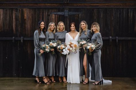 Winter Wedding Bridesmaid Dresses, Charcoal Bridesmaid Dresses, Winter Wedding Bridesmaids, Dresses Winter, Birthday Photo Frame, Orchid Bouquet, Wedding Rose, Wedding Theme Colors, Wedding Prep