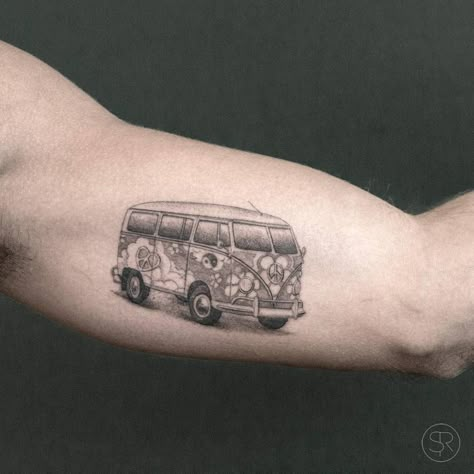 Hippie van for Steven Volkswagen Bus Tattoo, Old Volkswagen Van, Van Tattoo, Vw Tattoo, Indian Feather Tattoos, Inner Arm Tattoos, Hippie Tattoo, Inner Arm Tattoo, Bug Tattoo