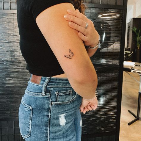 Small Butterfly Tattoo On Arm, Tiny Butterfly Tattoo Simple, Minimalistic Butterfly Tattoo, Minimal Butterfly Tattoo, Stay Tattoo, Butterfly Tattoo Simple, Dainty Butterfly Tattoo, Butterfly Tattoo On Arm, Medical Tattoos