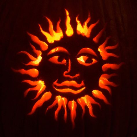 Sunny Pumpkin by jcbwalsh Sun Pumpkin Carving, Hippie Pumpkin Carving, Moon And Sun Pumpkin Carving, Hippie Pumpkin, Pumkin Carving Sunflower, Pumkin Carving Ideas Creative Easy, Pumpkins Carving Ideas, Traditional Pumpkin Carving Face, Hippy Carved Pumpkins