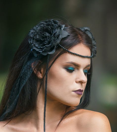 "Black crown for goth wedding. Gothic headpiece with black satin and perls, will decorate your black Halloween party. Be a gorgeous Dark Queen's Headpiece at any party. Diameter of roses - 4,7\" (12 cm) Two strands of lace and 3 strands of sequin on each side. Length 16 \" (40cm). 👑CUSTOM ORDERS If you see something you like, but you would rather have it in a different color or any other way customized, please feel free contact me and we will discuss the best way doing décor for you. Custom ord Satin And Pearls, Gothic Tiara, Black Halloween Party, Black Flower Crown, Black Hair Pieces, Gothic Headpiece, Crown Dark, Halloween Crown, Wedding Gothic