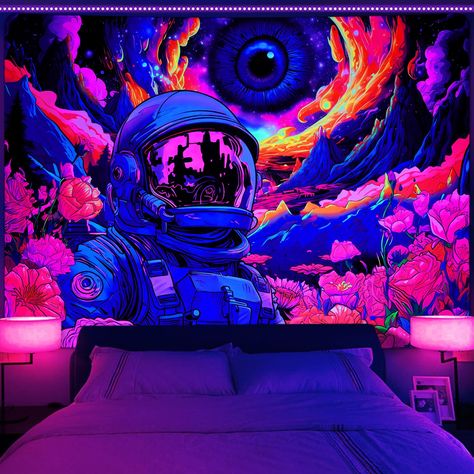 Blacklight Bedroom, Animated Aesthetic, Neon Galaxy, Lofted Cabin, Space Tapestry, Blacklight Tapestry, Mystic Eye, Astronaut Design, Flower Tapestry