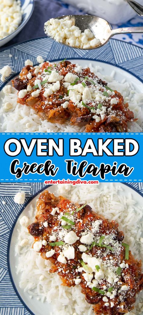 If you love Greek recipes, you have to try this easy and delicious Greek Tilapia with tomatoes, kalamata olives and feta cheese! Made with fresh ingredients, it is perfect for dinner parties or for when you want an easy fish recipe. Greek Tilapia Recipe, Fish For Dinner, Cooking Onions, Baked Tilapia, Jello Shot, Tilapia Recipes, Easy Fish Recipes, Easy Party Food, Superbowl Party Food