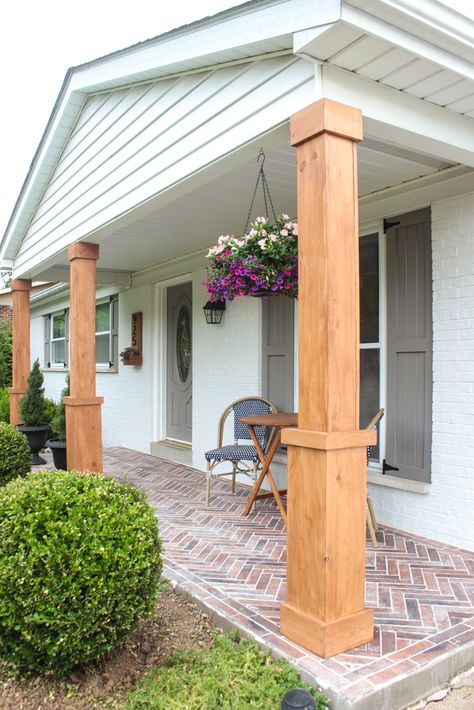 How I made over my small front porch by painting the brick, shutters and front door, wrapping the columns in stained wood, and installing brick tile. Redo Porch, Small Front Porches Designs, Patio Redo, Front Porch Design Ideas, Pergola Modern, Veranda Design, Porch Kits, Porch Design Ideas, Front Porch Makeover