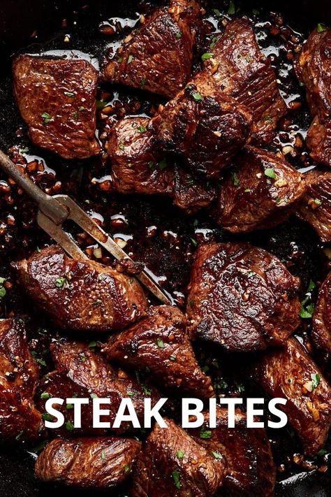 Buttery and tender, these cast iron seared steak bites are cooked to perfection and then drizzled with homemade garlic butter. Dip these juicy butter steak bites in our garlic aioli dipping sauce. Steak Bites With Garlic Butter, Garlic Butter Steak Bites, Butter Steak Bites, Steak Dinner Recipes, Steak Bites Recipe, Steak Sandwiches, Butter Steak, Easy Steak Recipes, Easy Steak