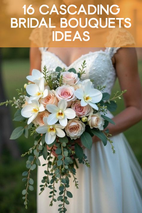 Did you know that cascading bridal bouquets are making a massive comeback this season? These stunning florals spill down like waterfalls, adding elegance and romance to any wedding. From vibrant blooms to classic whites, discover the perfect bouquet style to match your dream day. Explore the latest trends and picture-perfect ideas in our breathtaking gallery of wedding photos. Don't miss out on these eye-catching arrangements – your bouquet inspiration awaits! Diy Cascading Wedding Bouquet, Large Bride Bouquet, Spring Bride Bouquets, Bouquet Sizes Chart, Diy Cascading Bridal Bouquets, How To Make A Bridal Bouquet, White Cascading Bridal Bouquet, White And Blush Bridal Bouquet, Tulip Wedding Bouquet