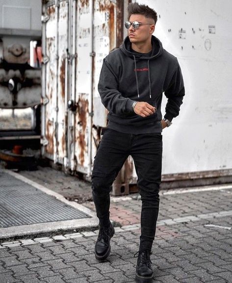 All Black Style, Grunge Wear, Denim Attire, Alex Costa, Hoodie Outfit Men, Sneakers Outfit Men, Leather Jacket Outfit, Lycra Men, Mens Casual Outfits Summer