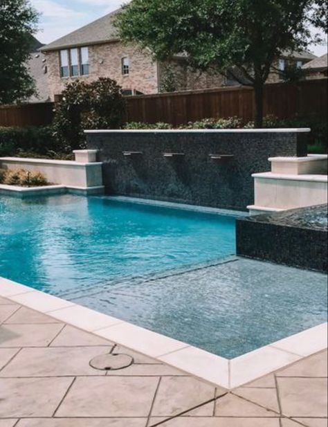 Stacked Stone Pool Waterfall, Pool Scupper Wall, Pool Jumping Platform, Turf Yard, Cocktail Pools, Patio Yard Ideas, Beach House Pool, Pool Tile Designs, Contemporary Pool