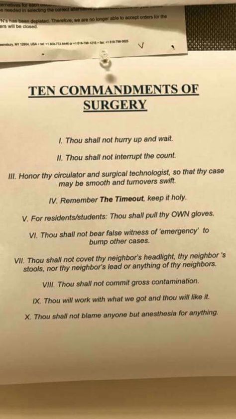 Ten Commandments of Surgery Surgical Technologist Humor, Operating Room Nurse Humor, Surgical Technologist Week, Operating Room Humor, Scrub Tech Memes, Surgical Technologist Student, Surgery Humor, Perioperative Nursing, Knee Surgery Memes Humor