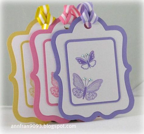 Diy Birthday Tags, Cricut Gift Tags Birthday, Handmade Gift Tags Birthday, Pastel Name Tags, Butterfly Tags Ideas, Baby Gift Tags, Thank U Cards, Easter Tags, Gift Wrap Tags