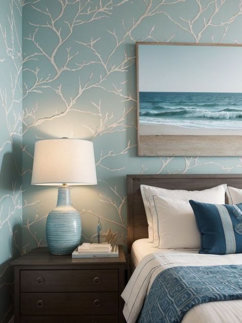 Coastal Bedroom Wallpaper, Wallpaper Inspiration, Bedroom Wallpaper, Coastal Bedroom, Inspirational Wallpapers, Beautiful Wallpaper, Beach Condo, Wallpaper Bedroom, Nautical Decor