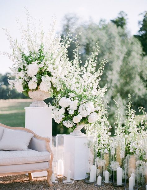 White Only Wedding Flowers, Wedding Lots Of Flowers, All White Summer Wedding, Summer White Wedding Flowers, Wedding Arrangements Ceremony, April Flowers Wedding, Entrance Flowers Wedding, White Altar Flowers, Wedding Altars Outdoor