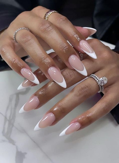 Stilleto Frenchies Nails, Beige French Tip Nails, Stiletto French Nails, V French Nails, Stiletto French Tip, French Tip Stiletto, Max Mills, Bridal Manicure, December Nails