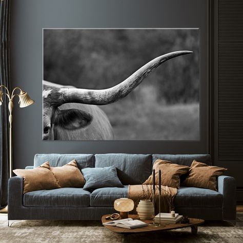 I think that black and white Texas longhorn cow canvas print wall art is will add a modern and warm atmosphere for your home decor.  I hope so the canvas decor will bring you luck. I'm express shipping all my canvas options. My canvases are gallery wrapped stretched (framed, ready to hang) canvas or roll print on canvas. All options have size options Made to order. High quality resoulotion print on canvas. (canon) Do you wanna check the canvas decor sizes? Just look at the previews images. Which Black And White Longhorn Picture, Western Chic Living Room, Longhorn Decor, Texas Longhorn Cow, Western Living Room Decor, Garage To Living Space, Farmhouse Canvas, Longhorn Cow, Cow Wall Art