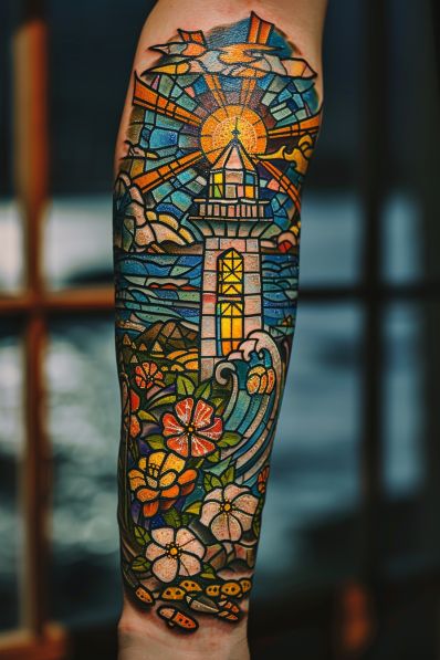 32  Stunning Stained Glass Tattoo Ideas Stained Glass Flower Tattoo, Stained Glass Tattoo Ideas, Stained Glass Window Tattoo, Glass Tattoo Ideas, Mosaic Tattoo, Realistic Tattoo Ideas, Frame Tattoo, Stained Glass Tattoo, Glass Tattoo