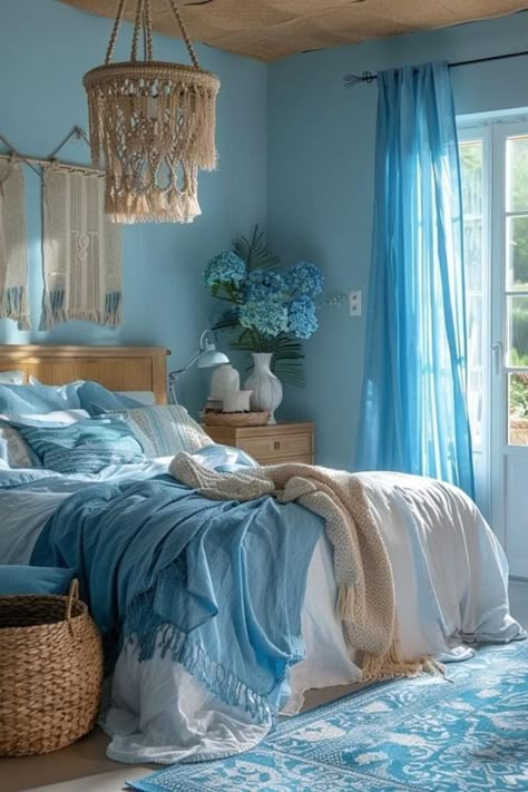 Aquamarine Room Ideas Bedrooms, Blue Boho Bedroom Ideas, Blue Boho Bedroom, Flowing Curtains, Boho Colours, Greek Theme, Calm Bedroom, Coastal Bedroom Decorating, Boho Bedroom Ideas