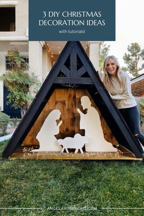 Manger Diy Nativity, Manger Scene Display Ideas, Large Nativity Scene Display Indoor, Diy Stable Nativity, Nativity Stable Diy, Church Stage Christmas Decor, Wood Nativity Diy, Diy Outdoor Nativity Scene, Nativity Scene Display Indoor Ideas