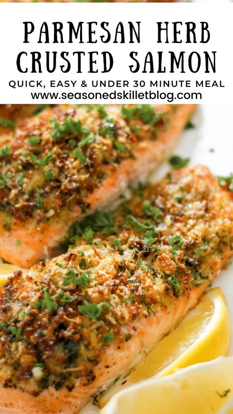 Parmesan Herb Crusted Salmon, is a simple oven baked salmon recipe to serve anytime and is ready in under 30 minutes! Fresh salmon fillets are lightly seasoned and topped with a delicious blend of parmesan cheese, fresh herbs, and panko bread crumbs! This easy, flavorful 6-ingredient salmon dish is perfect for lunch or dinner! Breaded Salmon Recipes, Fish Casseroles, Crispy Salmon Recipe, Panko Crusted Salmon, Oven Baked Salmon Recipes, Salmon Recipes Oven, Crusted Salmon Recipes, Salmon Fillet Recipes, Salmon Dinner Recipes