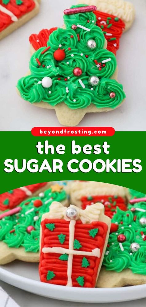 Easy Christmas cookies that are perfect for decorating! This holiday baking recipe will become a tradition in your house. Soft and buttery, these cut-out sugar cookies that don't spread are the BEST. Enjoy this sweet treat today! Traditional Christmas Sugar Cookies, Christmas Sugar Cookie Cutouts, Christmas Sugar Cookies With Buttercream Frosting, Christmas Cookies Recipes Sugar Cookie, Soft Sugar Cookie Recipe Cut Outs, Iced Sugar Cookies Christmas, Sugar Cookie Recipe Cut Out, Roll Out Sugar Cookie Recipe, Christmas Cut Out Cookies