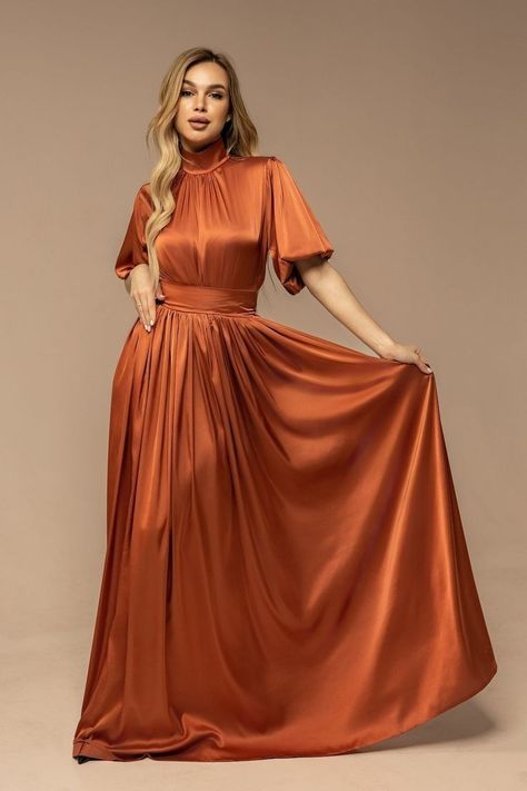 Rust Terracotta Bridesmaid Dresses, Burnt Orange Gown, Burnt Orange Bridesmaid, Orange Dress Outfits, Rust Orange Dress, Orange Silk Dress, Elegant Silk Dresses, Elegant Mother Of The Bride, Rust Bridesmaid Dress