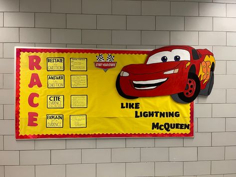 Disney Cars Bulletin Board Ideas, Race Car Classroom Theme Bulletin Boards, Cars Bulletin Board Ideas, Pixar Classroom, Pixar Room, Ra Door Tags, Senior Board, Bullentin Boards, Ra Bulletins