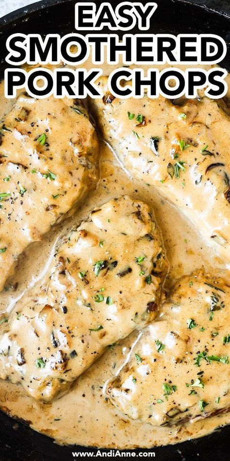 This recipe for smothered pork chops is a winner in our house! Seared to perfection and topped with a creamy gravy and caramelized onions, it’s a comforting dish everyone enjoys. | dinner ideas | dinner recipes | pork recipes | gravy | easy recipes #andianne Gluten Free Smothered Pork Chops, Tex Mex Pork Chops, Easy Dinner With Pork Chops, Pork Chop Alfredo Recipes, 1 Inch Pork Chops In The Oven, What To Cook With Pork Chops, Simmered Pork Chops, Smothered Pork Chops Boneless, Healthy Smothered Pork Chops