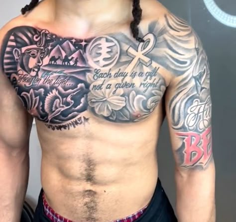 Creative Chest Tattoos For Men, Half Chest Piece Tattoos Mens, Flower Chest Tattoo Men, Chest Sleeve Tattoo Men, Men Chest Tattoo Ideas Unique, Half Chest Tattoo Men Ideas, Chest Piece Tattoos Mens, Chest Tattoo Men Ideas, Egypt Tattoo Design