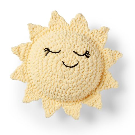 Bernat Sunshine Crochet Pillow Pattern | Yarnspirations Crochet Round Blanket, Sunshine Crochet, Sunshine Pillow, Farm Blankets, Bernat Baby Blanket Yarn, Bernat Baby Blanket, Pillow Crochet, Crochet Pillow Pattern, Farm Crafts