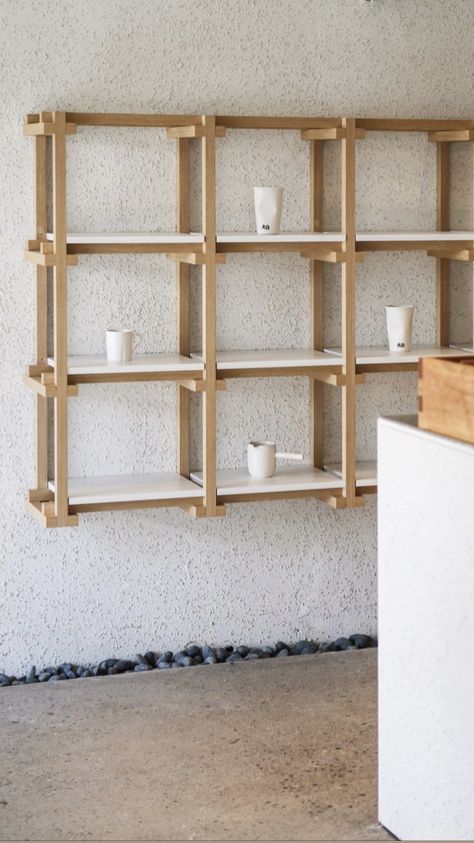 Pottery Shop Interior, Japanese Shelving, Mini Cafeteria, Plywood Shelving, Shelving Design, Architecture Design Drawing, Wooden Wardrobe, Stall Designs, Modular Shelving