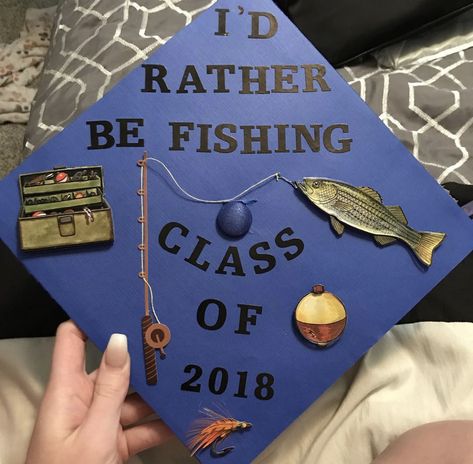 Graduation cap decorated for someone who loves to fish Guy Graduation Cap Ideas, Fishing Graduation Cap Ideas, Grad Cap Ideas Boys, Graduation Cap Designs For Guys, Graduation Tea, Graduation Hats Decorated, Senior Year Fun, Grad Cap Decorated, High School Graduation Cap