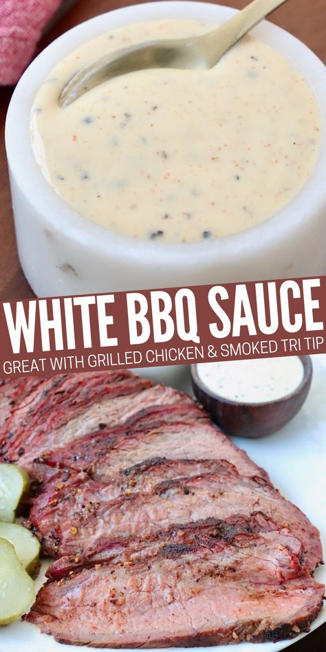 white bbq sauce in small bowl with spoon and on plate next to sliced smoked tri tip White Sauce For Turkey, Carolina White Bbq Sauce Recipe, Carolina White Bbq Sauce, Bojangles Bo Sauce Recipe, Waba Grill Sauce Recipe, Bbq Sauce Uses, Alabama White Sauce Recipe, Ribs No Bbq Sauce, Nc Bbq Sauce