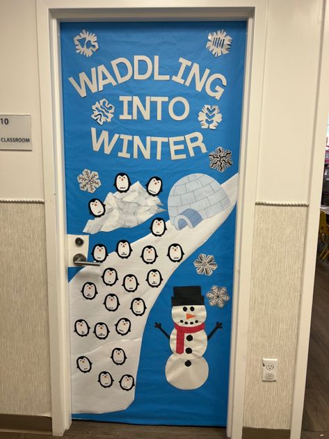 Penguin Igloo Door Decoration, Penguin Hallway Decorations, Snow Classroom Door Ideas, Penguin Door Decorations Classroom, Winter Class Door Decorations, Penguin Classroom Door Ideas, Artic Classroom Decorations, Winter Wonderland School Door, Igloo Classroom Door