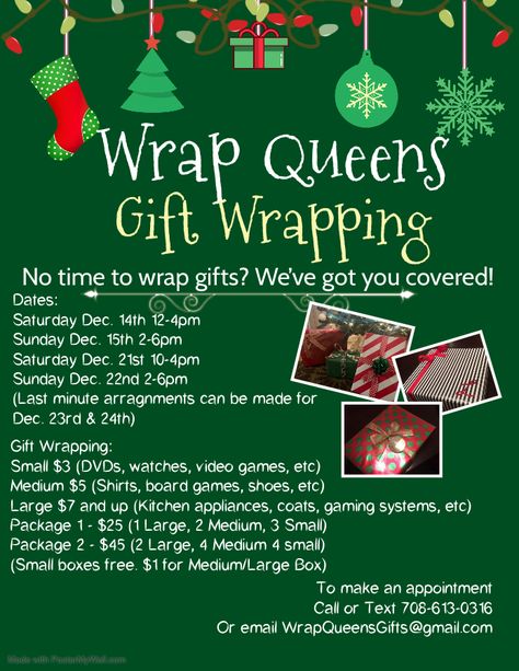 Gift Wrapping Price List, Gift Wrapping Fundraiser, Gift Wrapping Service Pricing, Present Wrapping Fundraiser, Gift Wrapping Side Hustle, How Much To Charge For Gift Wrapping, Gift Wrapping Business, Gift Wrapping Service Flyer, Christmas Raffle Poster